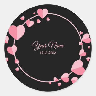 Sticker Rond Cœur Rose Géométrique Noir Élégant Mariage Partie
