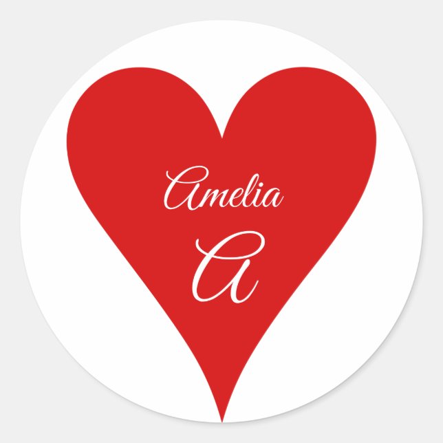 Sticker Rond Cœur Rouge Amour Saint Valentin Nom & Monogramme (Devant)