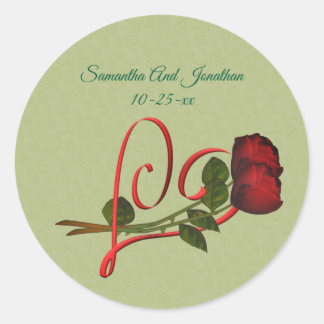 Sticker Rond Cœur rouge et roses personnalisés pour mariage 