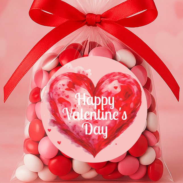 Sticker Rond Cœur rouge rose Joyuse Saint-Valentin (Red heart on pink "Happy Valentine's Day" sticker)