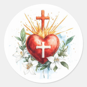 Sticker Rond Cœur Sacré de Jésus catholique moderne floral Croi