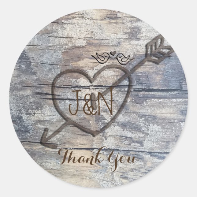 Sticker Rond Coeur sculpté en bois Inséparables mariage Faveur (Devant)
