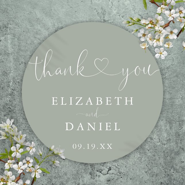 Sticker Rond Cœur vert sauge écriture scénario Merci Cadeau de  (Sage Green Heart Script Thank You Wedding Favor Classic Round Sticker
)