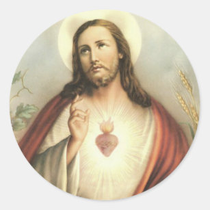 Sticker Rond Coeur vintage des épines de Jésus bénissant des