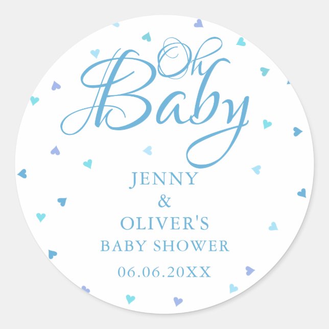 Sticker Rond Coeurs Bleus Oh Bébé Couples Bébé Garçon Douche (Devant)