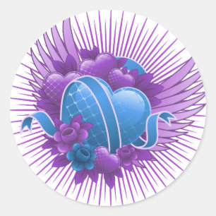 Sticker Rond Coeurs bleus Roses et ailes