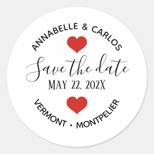 Sticker Rond Coeurs classiques simples Enregistrer la date (Devant)