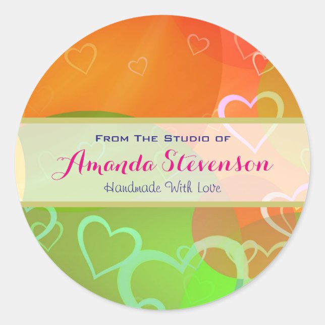 Sticker Rond Coeurs colorés fait main avec amour (Devant)