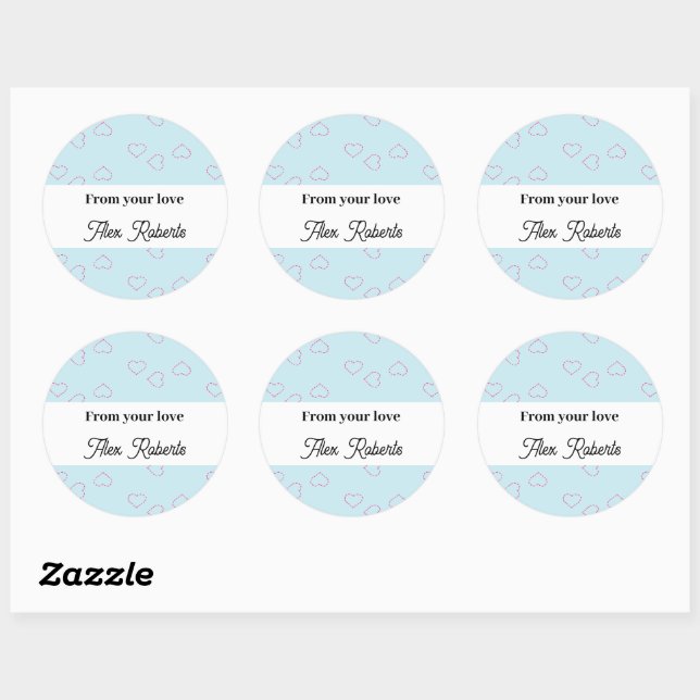 Sticker Rond Coeurs cousus rose sur bleu (Feuille)