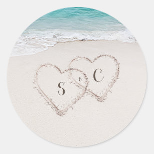 Sticker Rond Coeurs dans le sable destination mariage plage