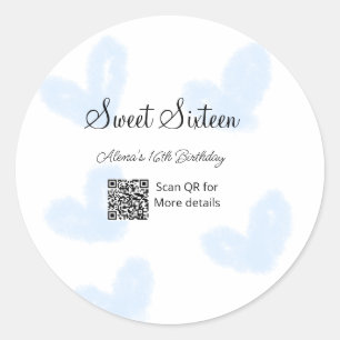 Sticker Rond Coeurs d'aquarelle bleu QR Sweet sixteen anniversa