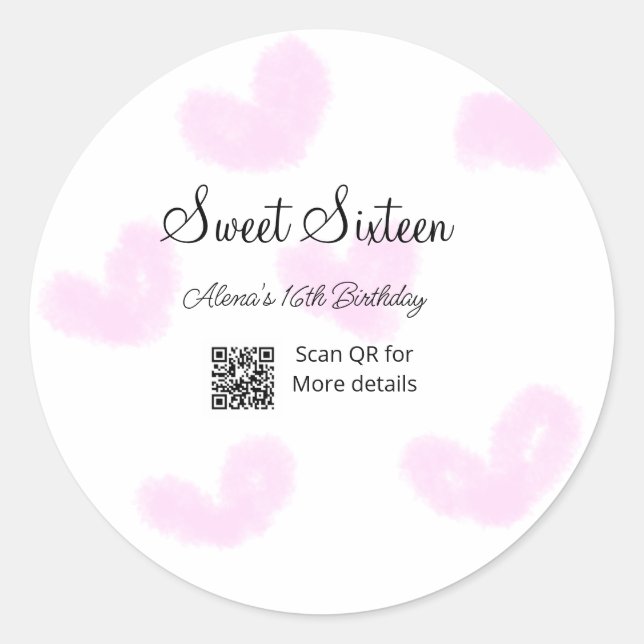Sticker Rond Coeurs d'aquarelle rose QR Sweet sixteen anniversa (Devant)
