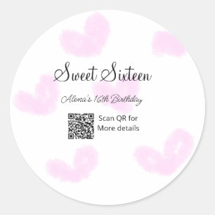 Sticker Rond Coeurs d'aquarelle rose QR Sweet sixteen anniversa