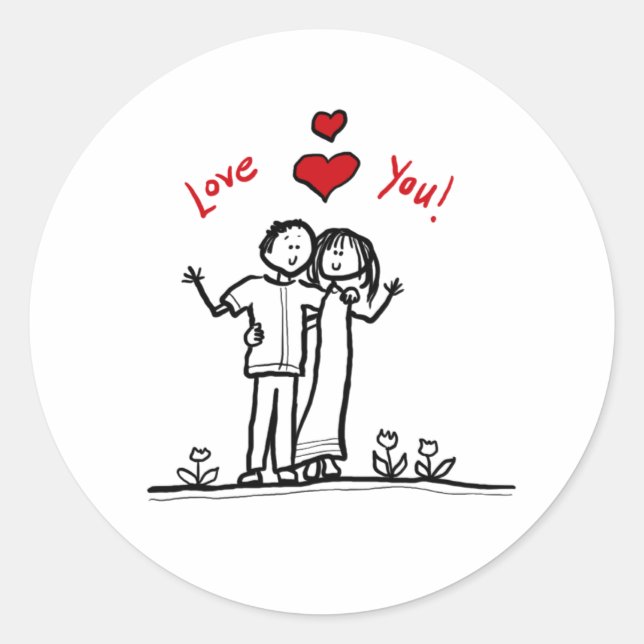 Sticker Rond Cœurs de couple mignons et salutations de bonjour (Devant)