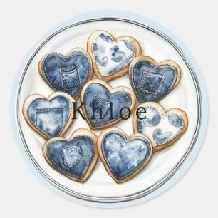 Sticker Rond Coeurs de Denim Blanc Bleu