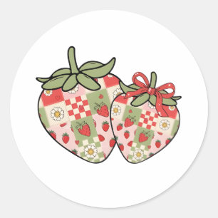 Sticker Rond Cœurs de fraise en patchwork Art mignon Coquette