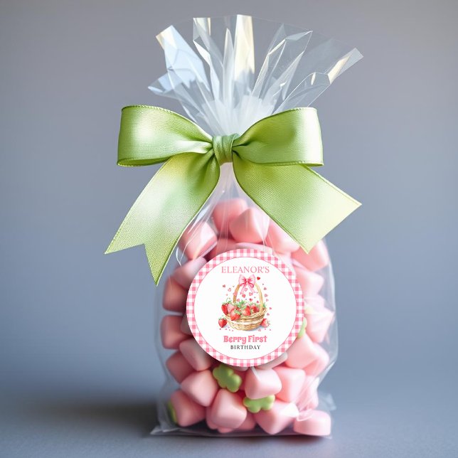 Sticker Rond Cœurs de fraises, nœud rose Première anniversaire  (Créateur téléchargé)