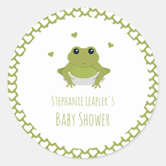 Sticker Rond Coeurs de grenouille verte Nom Baby shower (Devant)
