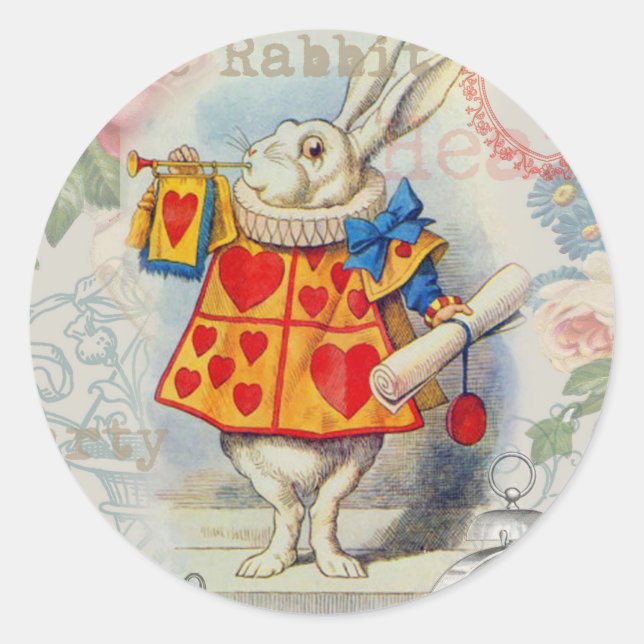 Sticker Rond Cœurs de Lapin Blanc Alice Classique (Devant)