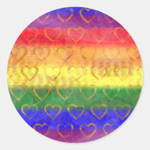 Sticker Rond Coeurs d'or, couleurs Gay pride arc-en-ciel brilla