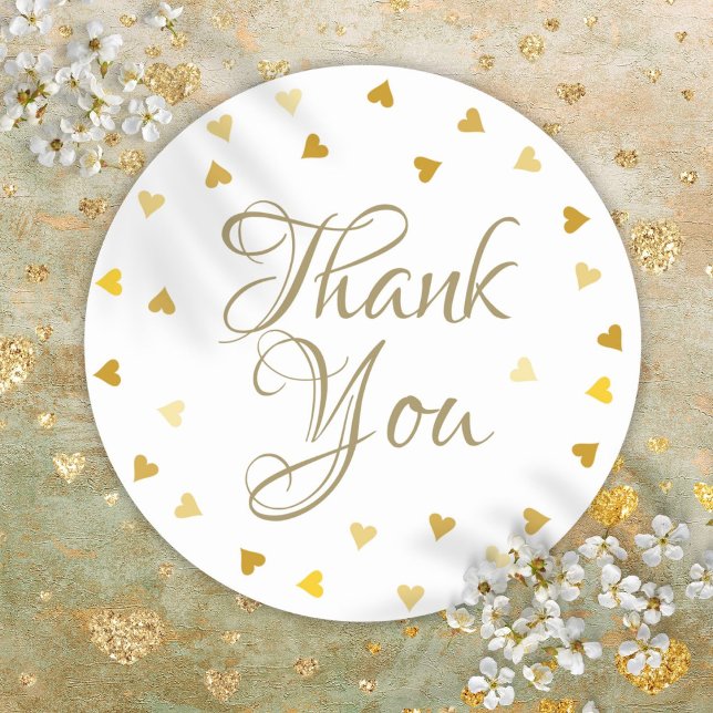 Sticker Rond Cœurs dorés Confettis Écriture élégante Merci (Gold Hearts Confetti Elegant Script Thank You Classic Round Sticker)