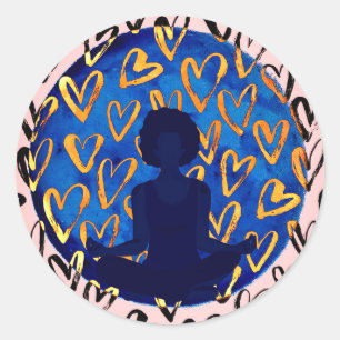 Sticker Rond Coeurs et femme en Pose de Yoga