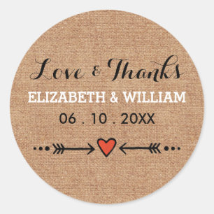 Sticker Rond Coeurs et flèches roses Burlap Amour et Merci