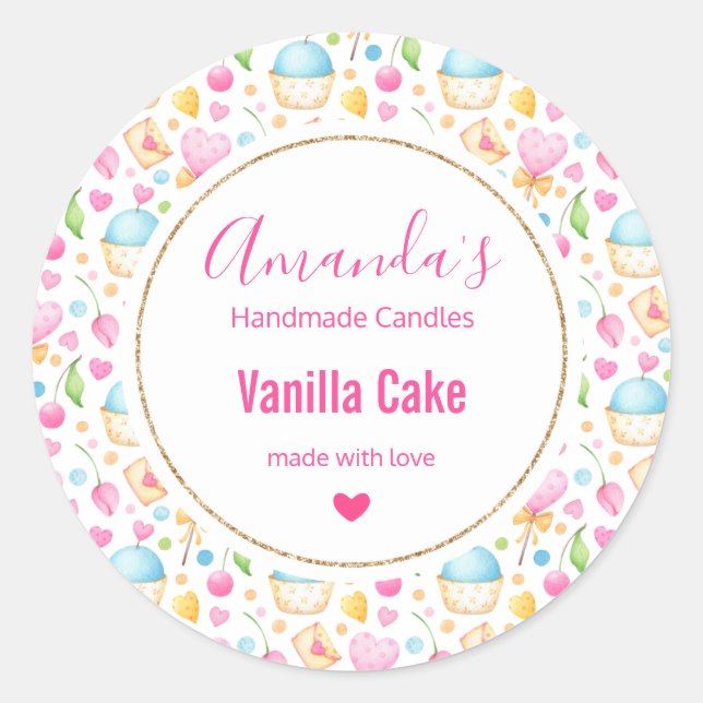 Sticker Rond Coeurs et muffins Aquarelle Motif bougie Biz (Devant)