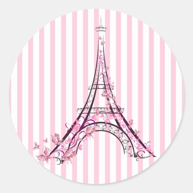 Sticker Rond Coeurs et papillons roses Paris Tour Eiffel (Devant)
