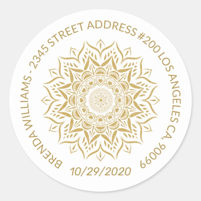 Sticker Rond Coeurs et tourbillons de mandala d'or (Devant)