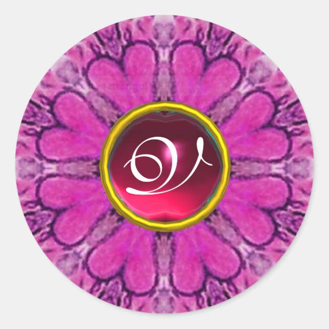 STICKER ROND COEURS FLORAUX ROSE MONOGRAMME EN PIERRE ROUGE (Devant)