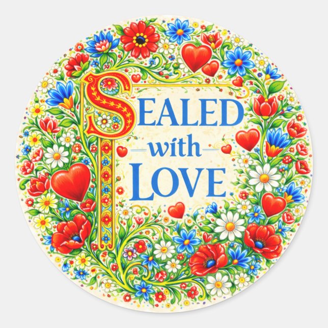 Sticker Rond Cœurs Floraux SCELLÉS AVEC AMOUR  (Devant)