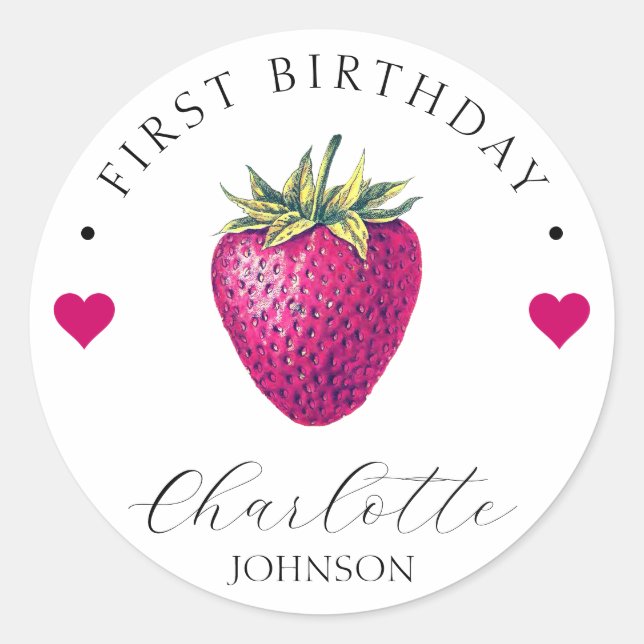 Sticker Rond Coeurs fraises Anniversaire Fille Blanc (Devant)