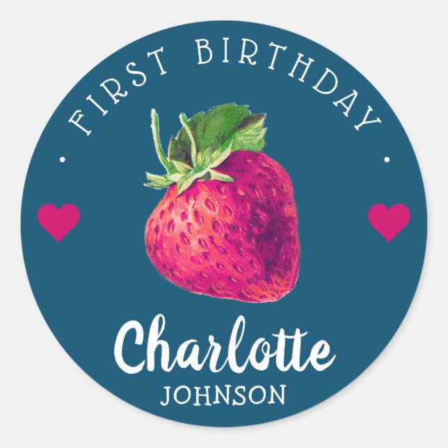 Sticker Rond Coeurs fraises Anniversaire Fille Bleu Vert (Devant)