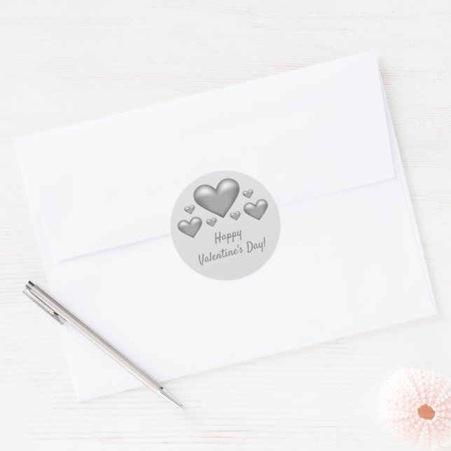 Sticker Rond Coeurs gris et texte Heureuse Sainte-Valentin (Enveloppe)