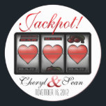 Sticker Rond Coeurs Jackpot Nous le faisons à Vegas (Petits)<br><div class="desc">sticker Las Vegas Jackpot noir & blanc rouge.</div>