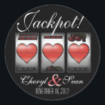 Sticker Rond Coeurs Jackpot Nous le faisons à Vegas (Petits)<br><div class="desc">sticker Las Vegas Jackpot noir & blanc rouge.</div>