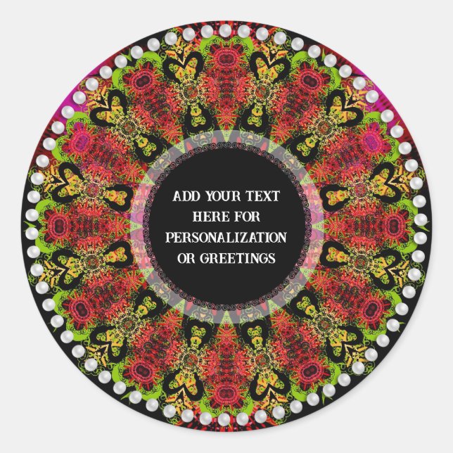 Sticker Rond Coeurs mayas Psychédélique Géométrique Mandala (Devant)