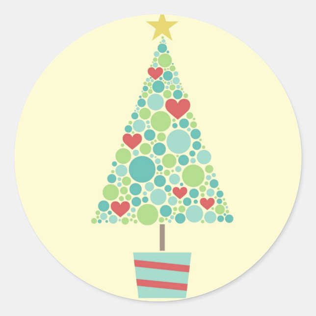 Sticker Rond Coeurs mignons pastel moderne sapin de Noël (Devant)
