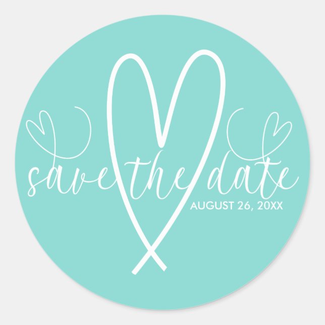 Sticker Rond Coeurs modernes Turquoise Bleu Vert Sauvez la date (Devant)