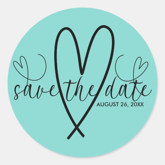 Sticker Rond Cœurs Modernes Turquoise Bleu Vert Save the Date (Devant)