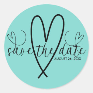 Sticker Rond Cœurs Modernes Turquoise Bleu Vert Save the Date