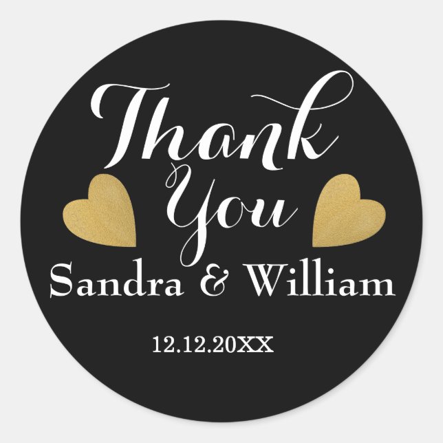 Sticker Rond Coeurs Noir et Or Classy Merci Mariage (Devant)