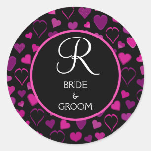 Sticker Rond Coeurs noirs et roses Design Mariage Monogramme Sc