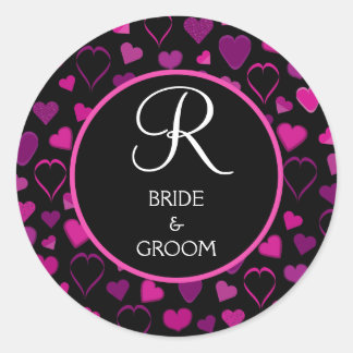 Sticker Rond Coeurs noirs et roses Design Mariage Monogramme Sc