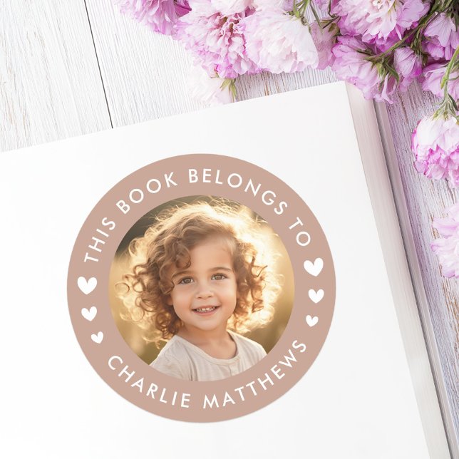 Sticker Rond Coeurs photo brun clair livre bibliothèque étiquet (Photo hearts light brown library book label)