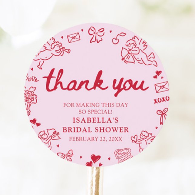 Sticker Rond Cœurs roses rouges dessinés à la main Saint-Valent (Hand Drawn Pink Red Hearts Valentine Bridal Shower Classic Round Sticker)