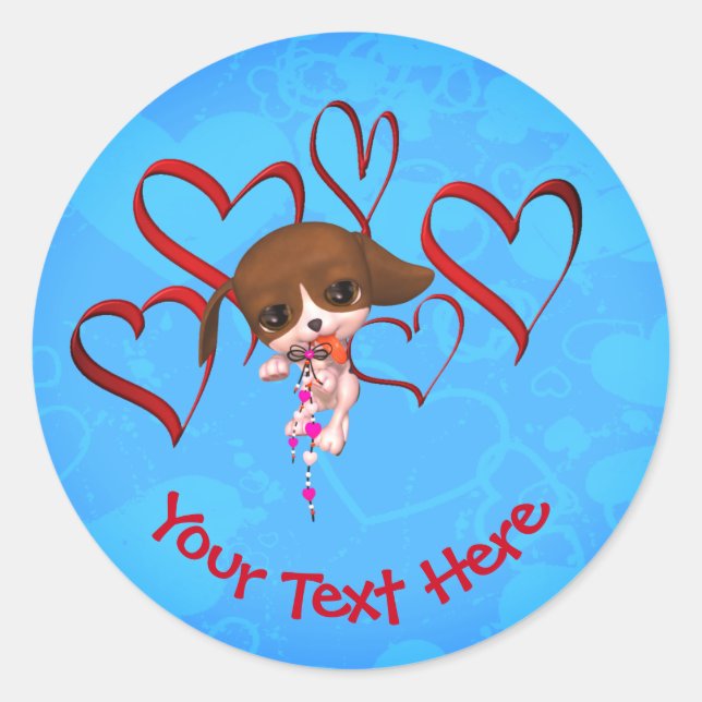 Sticker Rond Coeurs rouges Chiot Cute Personnalisé (Devant)