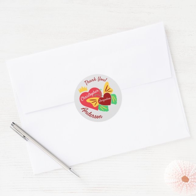 Sticker Rond Coeurs rouges, Merci papillon (Enveloppe)