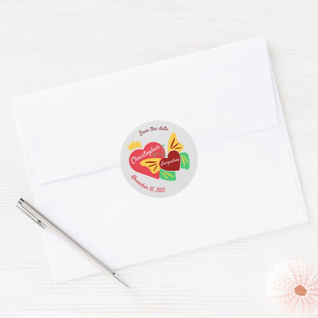 Sticker Rond Coeurs Rouges, Papillon Enregistrer La Date (Enveloppe)